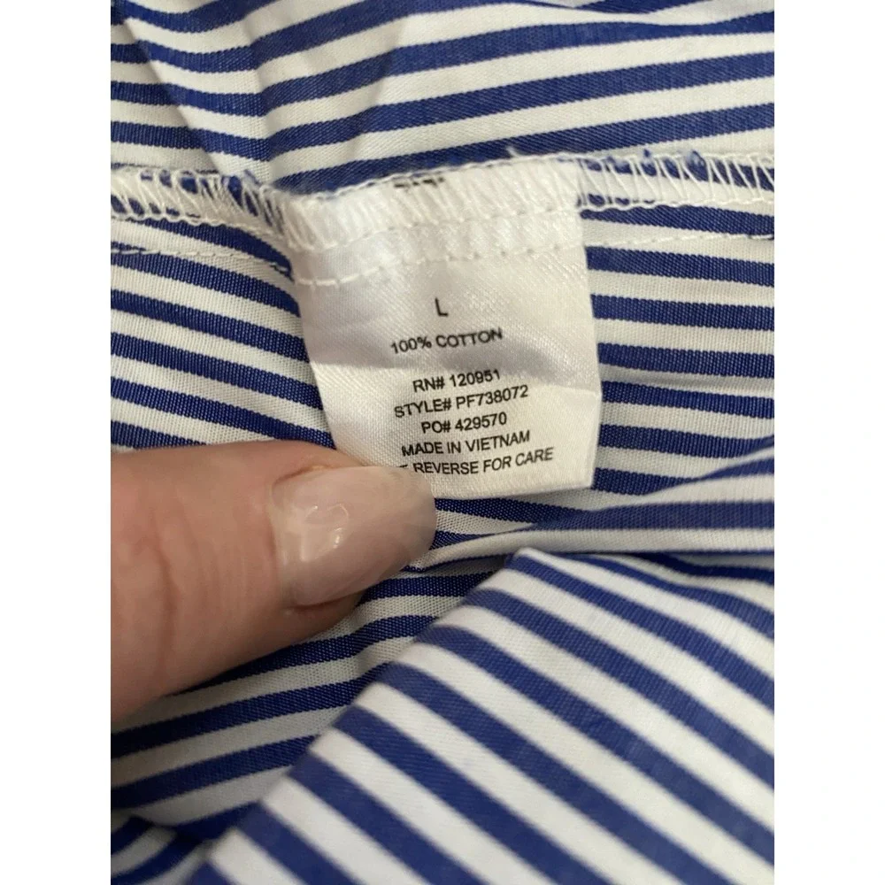 New Pink Rose Women's L Blue Striped Cotton Short Sleeve Blouse with Bow‎ Tie